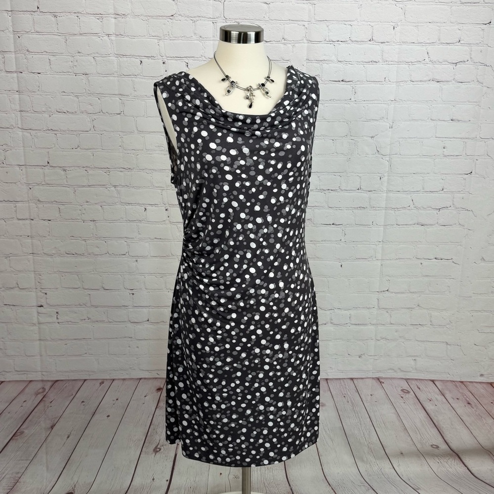 LOFT Factory Gray/White Polka Dot Drape Neck Midi Dress Sleeveless Size Large